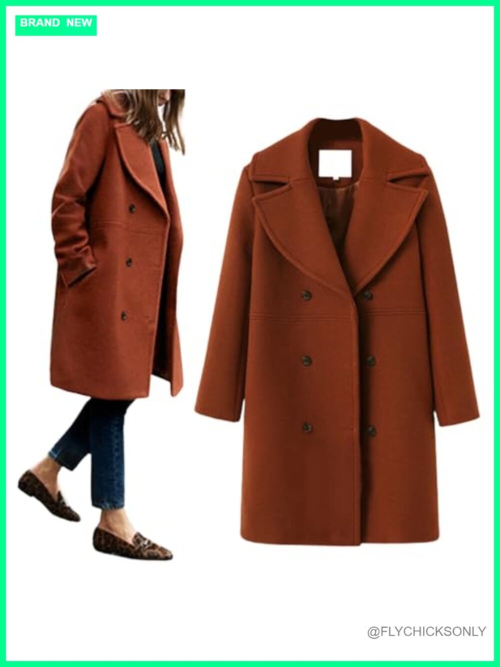 Wool Blend Pea Coat Notch Lapel Double Breasted Midi Trench Coat